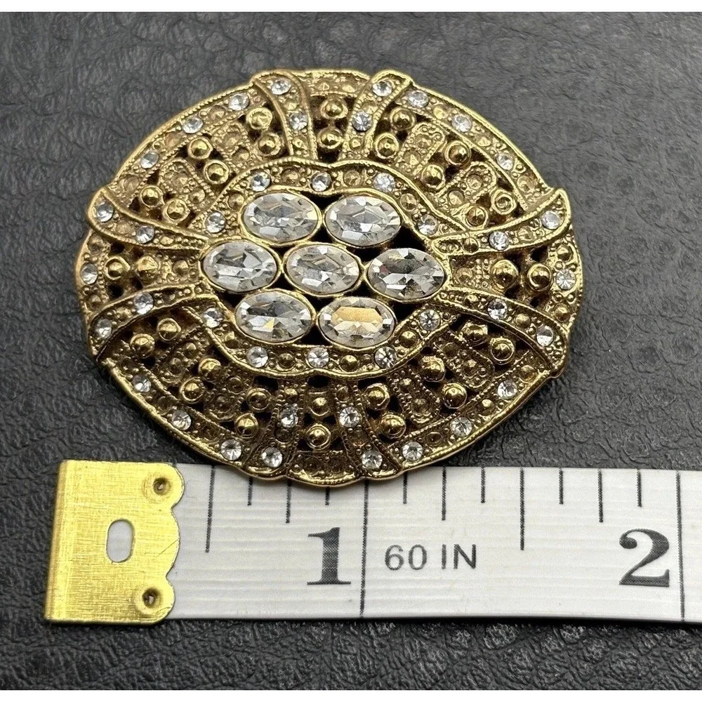 Vintage 1928 Brand Gold Tone Clear Rhinestone Filigree Brooch Pin Art Deco Style